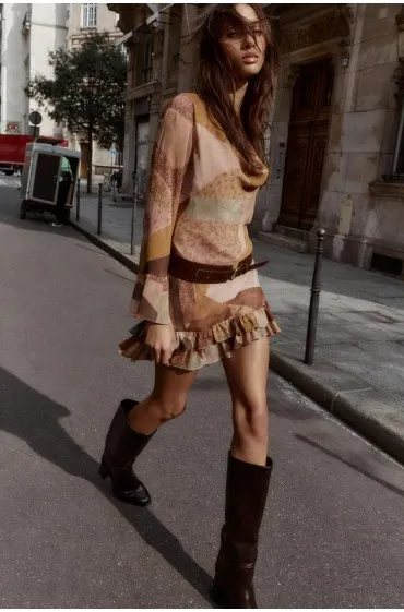zara brown dress with belt Off Shoulder Dress With Long Sleeve in Coco