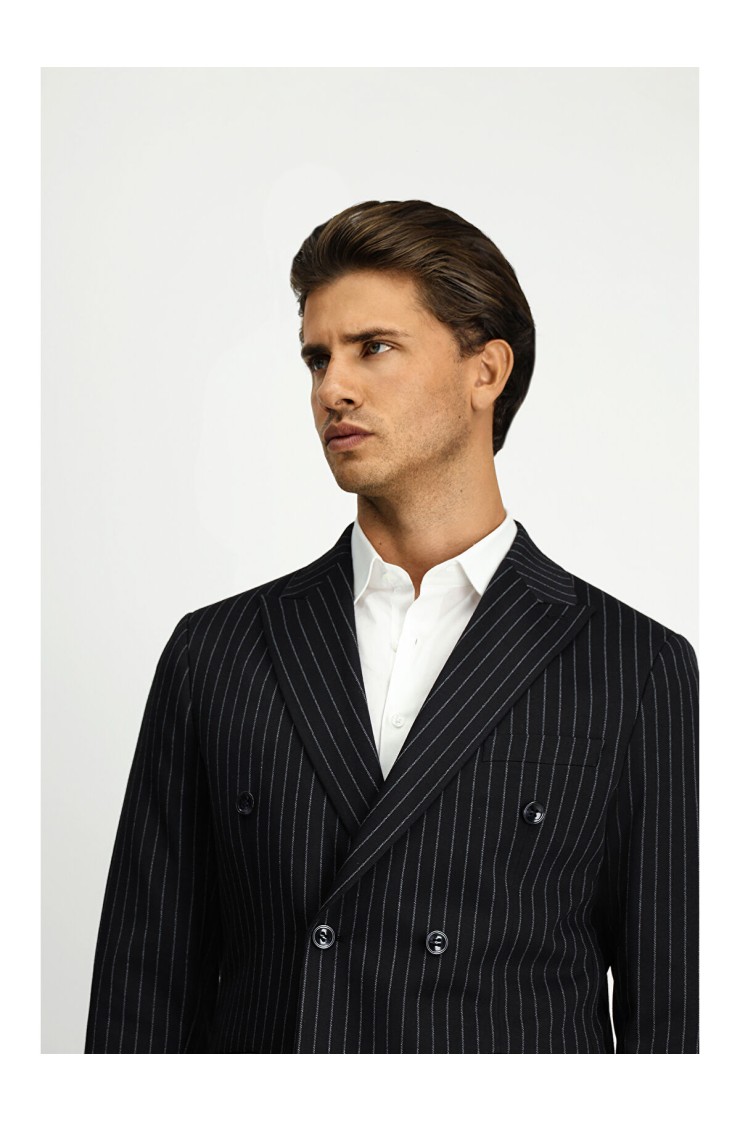 Black 6 Drop Regular Fit Striped Knit Double-Breasted Jacket, LCW men