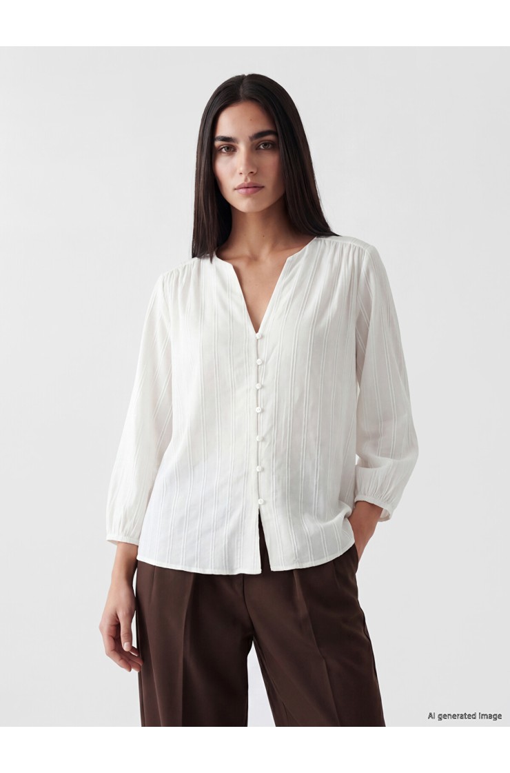 White Off-the-Neck Striped Oversize Textured Blouse, LCW women